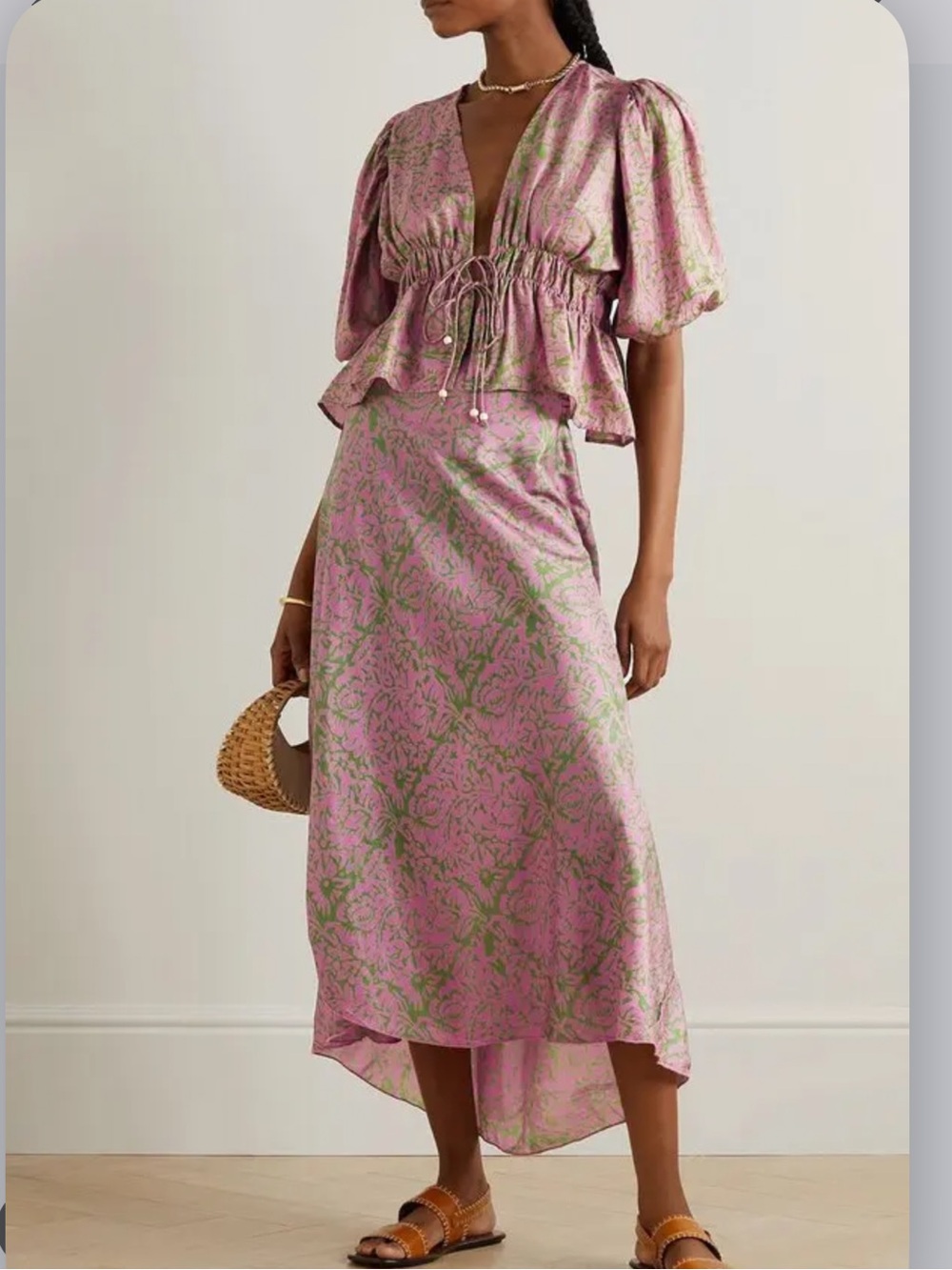 Hannah Maia Artwork 100% Silk Midi Wrap Skirt Pink Green Floral Women’s Size 1/S